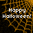 Pixelated orange spiderweb pattern on black background with white text "Happy Halloween!" in two lines.