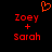 Red pixelated text 'Zoey + Sarah' appears twice on a black background with an orange heart symbol above the left text block.