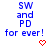 Blue text 'SW and PD for ever!' appears in multiple positions with red heart or arrow symbols changing between frames on a white background.
