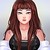 Pixelated static image of a person with long brown hair, bangs, and dark clothing against a light gradient background.