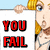 Pixelated image of a character with blonde hair holding a sign that reads YOU FAIL in bold red letters.