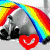 A static image shows a grayscale horse under a rainbow arch with changing heart symbols in red, orange, yellow, green, cyan, and blue.