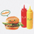Pixelated burger with smiling face, green lettuce, red tomato, and brown patty next to red ketchup and yellow mustard bottles with green accents, all on white background.