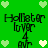 Green background with pixelated text and heart shapes in light green and white.