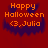 Red background with orange text reading "Happy Halloween <3, Julia" and dark purple bat silhouettes above the text in three separate