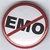 Circular red prohibition symbol with diagonal red line crossing out black text "Emo" on light gray background.