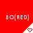 Red background with repeated white text 'BO(RED)' and triangular icons containing pixelated hearts, some showing animation frames.