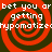 Red and black spiral patterns with repeated white text reading "bet you ar getting hypnotized" across four quadrants.