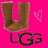 Brown U-shaped object with pink heart and dark brown 'UGS' text on bright pink background.