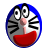 Two side-by-side circular icons of a cartoon character with blue outline, gray face, black whiskers, pink nose, and red mouth, showing eye position change.