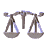 pixelated scale icons in varying states, showing balance and imbalance with blue and gray tones
