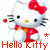 Two side-by-side pixelated Hello Kitty icons with red bows and scarves, each displaying "Hello Kitty" text below in red pixel font, separated by a small red asterisk on white background.