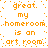 Pixelated orange text on white background repeats 'great. my homeroom is an art room.' in a scattered, overlapping layout with no visible motion.