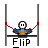 Pixelated character on red swing between gray poles, with 'Flip' text below; animation cycles through multiple poses and color variations.