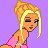 Pixelated character with blonde hair in a high bun, wearing pink bikini top and white necklace against purple background.
