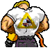 Pixelated character in white shirt with yellow triangle symbol, dark pants, and yellow shoulder pads; four views show subtle pose variations.