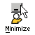 Pixelated icon shows a white cursor clicking a gray minimize button above a yellow hand holding a white ball, with "Minimize" text below.