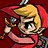 Pixelated character with blonde hair and red cape holds golden sword against dark red background.