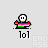 Pixelated cartoon character with rainbow body and white face holding a rainbow object, displayed with '101' text and rainbow arcs in a