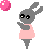 Animated pixel art contact sheet showing a gray rabbit in pink dress interacting with pink balls across 8 frames on gray background.