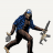 Pixelated figure in blue checkered shirt and dark pants holding two gray objects, one in each hand.