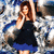 A woman with long brown hair in a black dress with blue hem stands against a cloudy sky background, her right hand near her face and left arm raised.