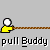 A yellow figure with a white head holds a brown rope, with text below reading "pull Buddy" in pixelated font.