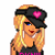 Pixel art buddy icon featuring a blonde female character in black and pink attire with a heart on her cap, shown from front and back views.