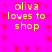 Yellow text 'oliva loves to shop' on bright pink background with red pixelated pattern, repeated in four identical quadrants.