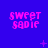 Blue background with pink pixelated text 'sweet sadie' repeated in a , small white and purple star-like shapes scattered across the image