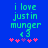 Blue background with green pixelated text reading 'i love justin munger' and a small green heart symbol, accompanied by five pink star-like symbols below.