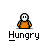 A 4x4 contact sheet of a pixel art animation featuring a white stick figure in an orange shirt with four distinct poses, each labeled "Hungry" below the icon.