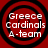 Four identical circular icons with red backgrounds and black concentric rings display white text reading "Greece Cardinals A-team" in a pixelated font.