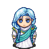 Pixel art character with light blue hair and white dress, shown in three expressions: neutral, smiling, and laughing.