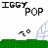 Pixelated graphic with black text 'IGGY POP', pink heart and 'I's Soccer' text, two sailboats on green grass background.