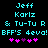 Pixelated cyan text on black background reads "Jeff Karlz & Tu-Tu R BFF'S 4eva!" with pink and purple heart symbols below.
