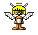 Pixel art angel with yellow hair, blue eyes, and brown skin stands against gray background; wings extend from back in two distinct poses.