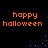 Four identical orange 'happy halloween' text blocks on black background with purple pixel clusters shifting positions.