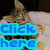 A pixelated image with blue 'Click here' text, pink 'to see' text, and yellow 'Alexial's awesome site' text over a background featuring a cat-like figure.