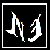 Pixelated white shapes on black background with scattered colored pixels, framed by white border.