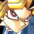 Pixelated anime-style character with blonde hair and red eyes, wearing a blue jacket over white shirt, next to black background with silver text.