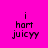 A static image with a bright pink background displays the text "i hart juicyy" in black pixelated font, where "hart" is misspelled as "hrt."