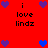Red background with pixelated text 'i love lindz' and heart symbols in purple and blue, arranged in a pattern