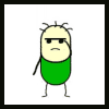 A cartoon character with a green lower body and beige upper body, black sunglasses, and spiky hair performs sequential arm movements against a white background.