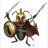 Pixelated figure in golden helmet and dark armor holds large shield and two swords, standing against white background.