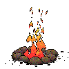 Animated fire icon with orange and yellow flames atop a ring of dark gray stones on a light gray background.