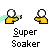 Pixelated character with white head and yellow body holds blue fire hose, animated water spray transitions from small to large, text "Super Soaker" below.