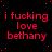 Red text on black background repeats 'i fucking love bethany' across multiple positions with scattered red dots and a gray rectangle in bottom-right corner