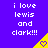 Purple background with white text reading "i love lewis and clark!!!" and yellow triangular shapes containing heart symbols.