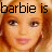 Pixelated image of a doll's face with overlaid text reading 'barbie is a whore' in black block letters.